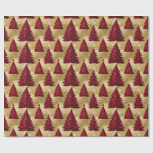 Elegant Red Christmas tree Gold  merry Xmas Patter Wrapping Paper