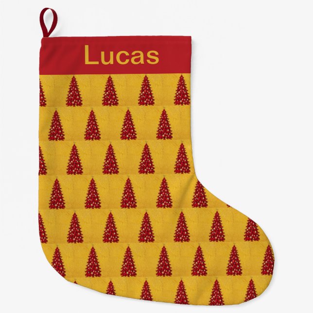 Elegant Red Christmas tree Gold merry Xmas Pattern Large Christmas Stocking (Front)