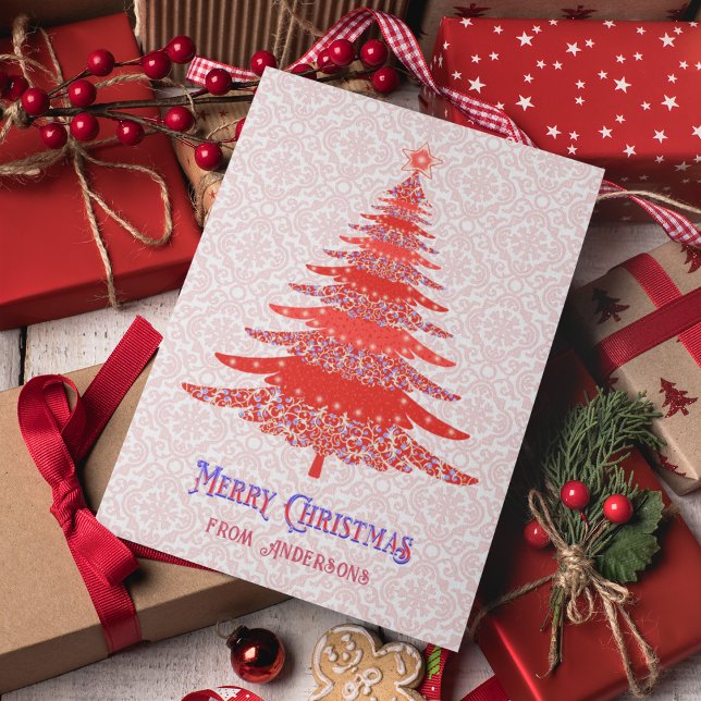 Elegant Red Christmas Tree Personalized Snowflake  Holiday Card (Creator Uploaded)