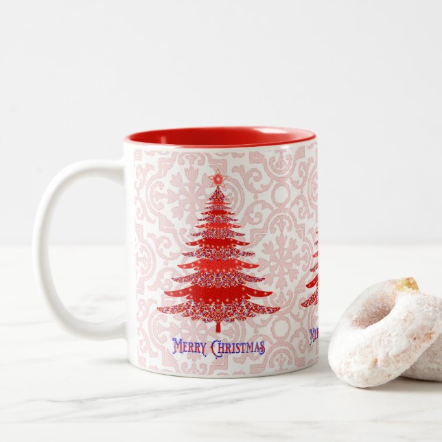 Elegant Red Christmas Tree Snowflakes Two-Tone Coffee Mug (With Donut)