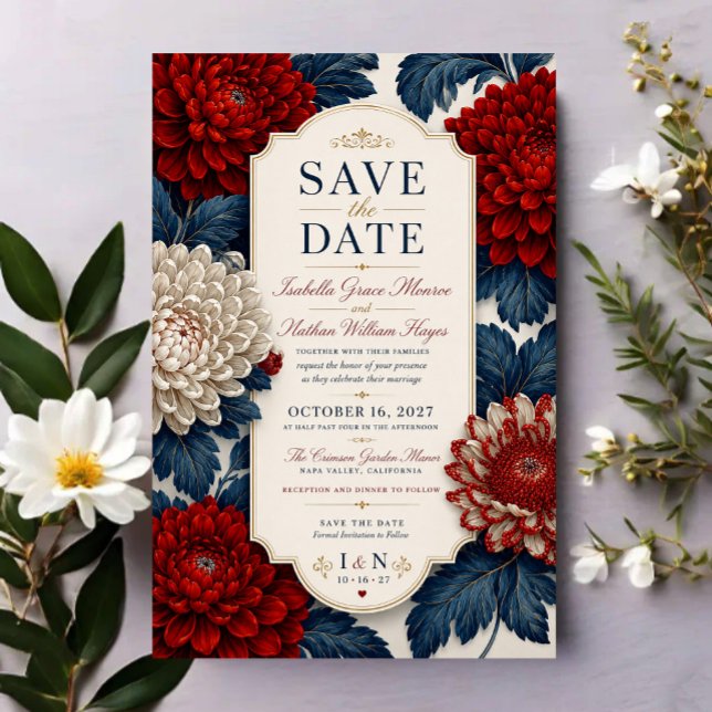 Elegant Red Chrysanthemum Flora Save The Date (Creator Uploaded)