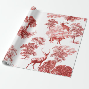 Elegant Red Classical Toile Deer Fox in Forest Wrapping Paper