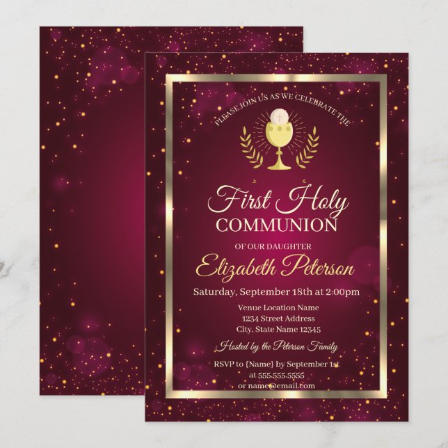 Elegant Red Confetti First Holy Communion Invitation (Front/Back)