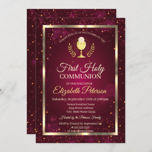 Elegant Red Confetti First Holy Communion Invitation