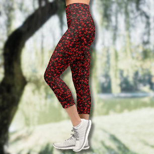 Elegant Red Confetti on Black Glitter Style Capri Leggings