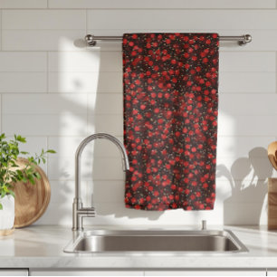 Elegant Red Confetti on Black Glitter Style Kitchen Towel