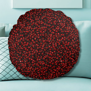 Elegant Red Confetti on Black Glitter Style Round Pillow