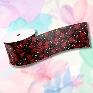 Elegant Red Confetti on Black Glitter Style Satin Ribbon