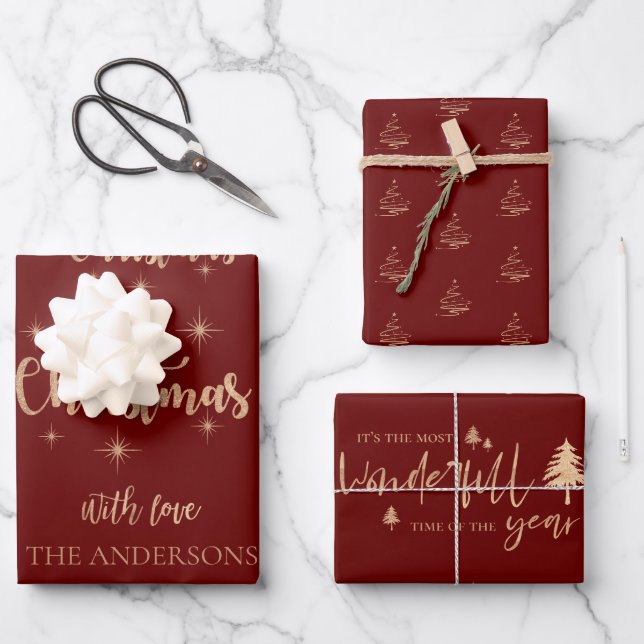 Elegant Red Copper Merry Christmas Quote Gift Wrapping Paper Sheet (Front)