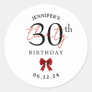 Elegant Red Coquette Bow 30th Birthday Party Classic Round Sticker