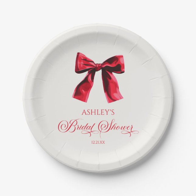 Elegant Red Coquette Bow Bridal Shower Paper Plate (Front)