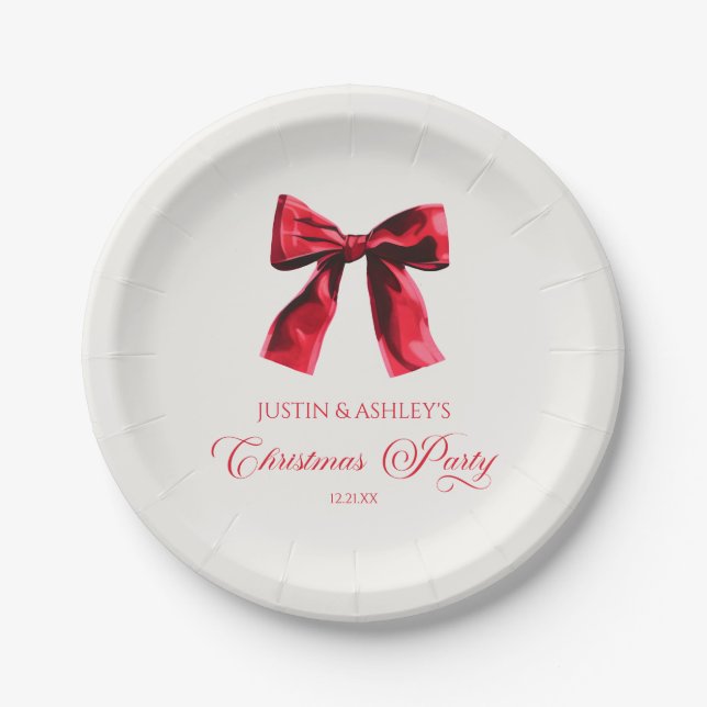 Elegant Red Coquette Bow Christmas Party Paper Plate (Front)