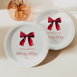 Elegant Red Coquette Bow Holiday Party Paper Plate