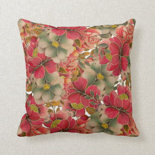 Elegant red coral green gold watercolor floral throw pillow