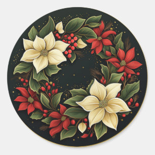 Elegant Red & Cream Winter Poinsettia Blooms Classic Round Sticker
