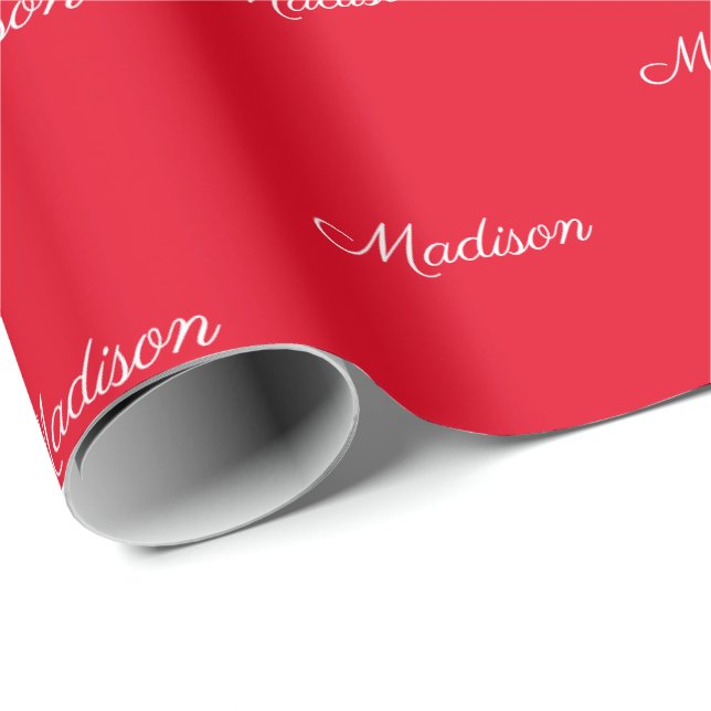 Elegant red custom script name text birthday gift wrapping paper (Roll Corner)