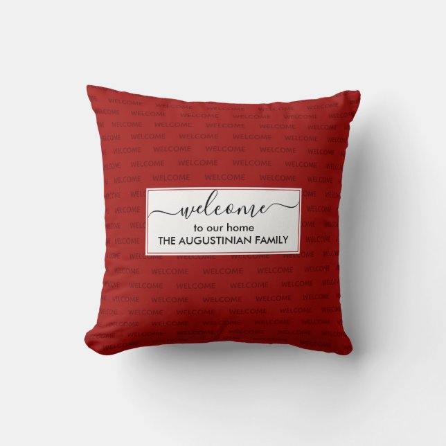 Elegant Red Custom WELCOME TO OUR HOME Throw Pillow (Front)