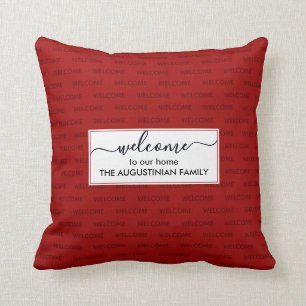 Elegant Red Custom WELCOME TO OUR HOME Throw Pillow