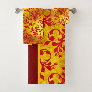 Elegant Red Damask and Gold Texture Bath Towel Set
