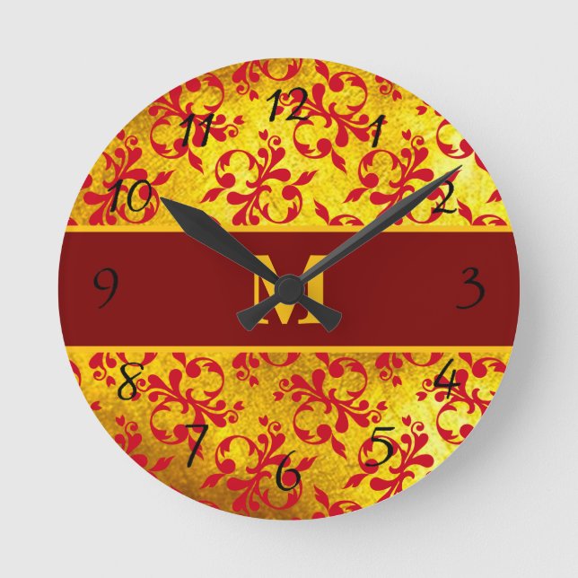 Elegant Red Damask and Gold Texture Clock (Front)