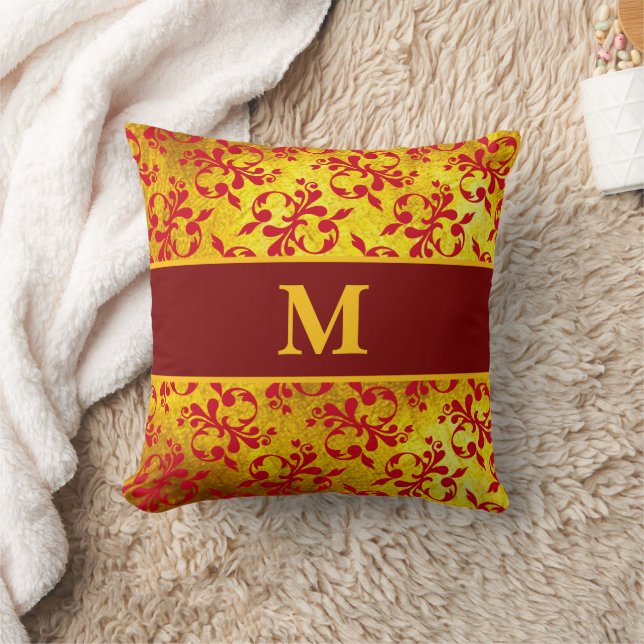 Elegant Red Damask and Gold Texture  Throw Pillow (Blanket)