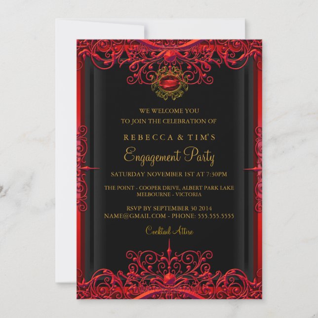 Elegant Red Damask Engagement Party Invitation (Front)