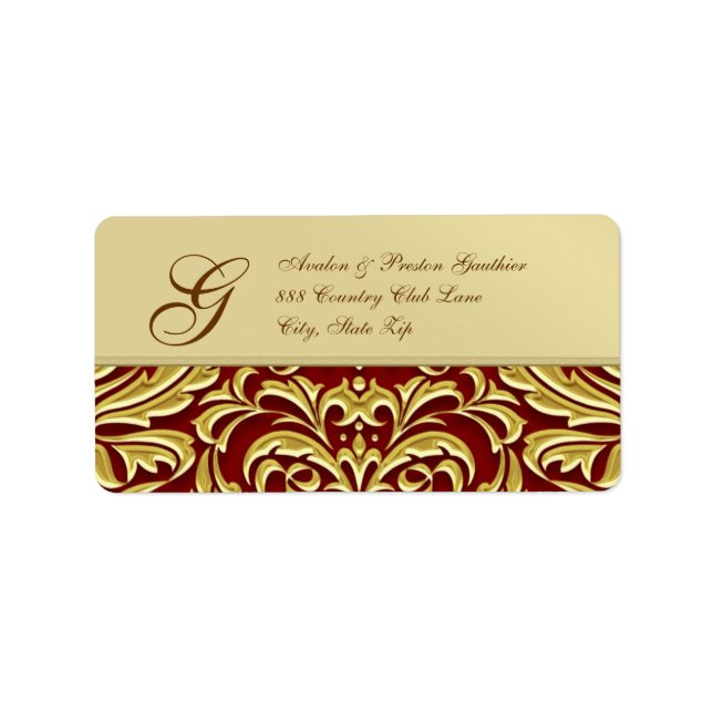 Elegant Red Damask Gold Metal Address Label (Front)
