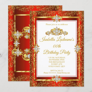 Elegant Red Damask Gold White Birthday Party Invitation