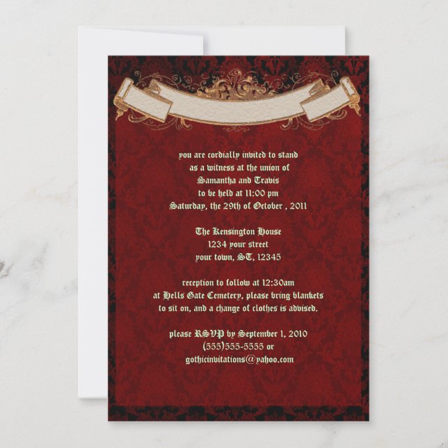 Elegant Red Damask Goth Wedding Invitation (Front)
