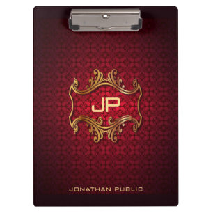 Elegant Red Damask Monogram Classic Template Clipboard
