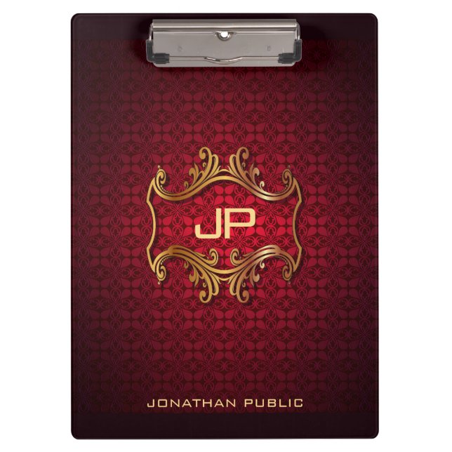 Elegant Red Damask Monogram Classic Template Clipboard (Front)