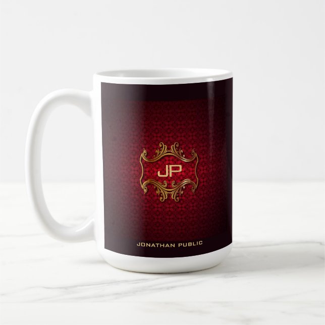 Elegant Red Damask Monogram Template Classic Coffee Mug (Left)