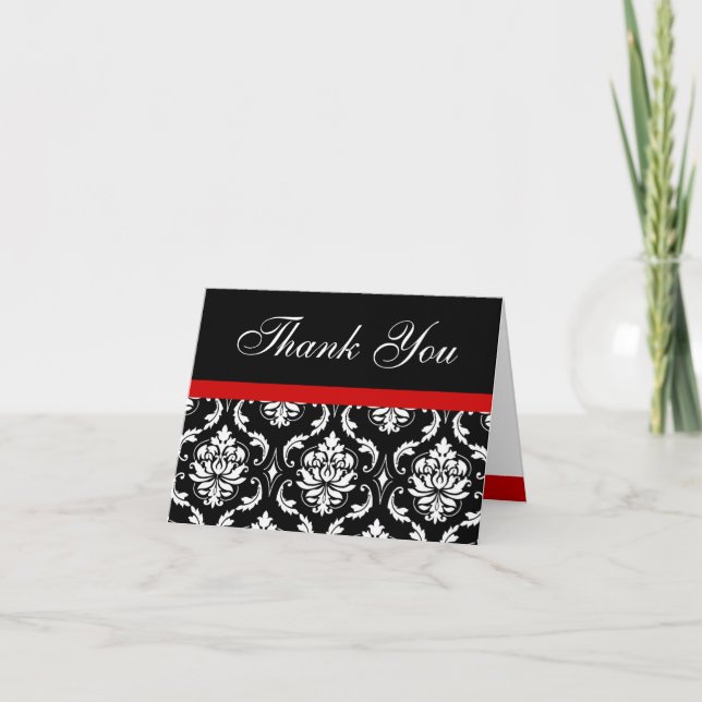 Elegant Red Damask Monogram Wedding Thank You Note Card (Front)