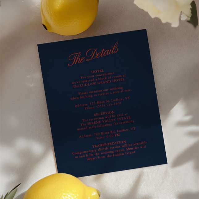 Elegant Red & Deep Blue Black Wedding Details Card (Elegant Red & Deep Blue Black Wedding Details Card)