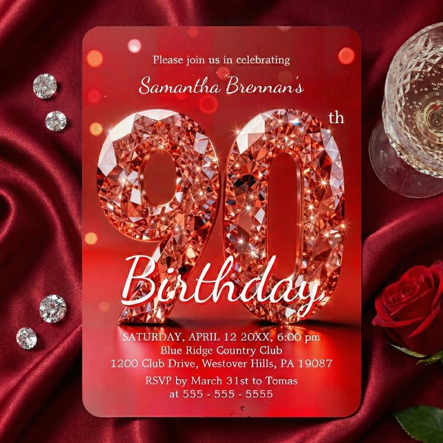 Elegant Red Diamond Gemstone Glamour 90th Party Invitation (Creator Uploaded)