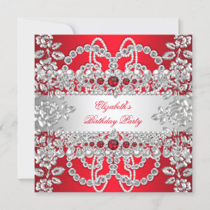 Elegant Red Diamonds Silver Floral Birthday Party Invitation