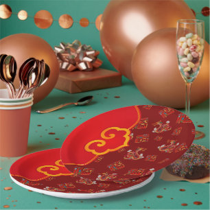 Elegant Red Dragon Chinese New Year Lucky Symbol 福 Paper Plate