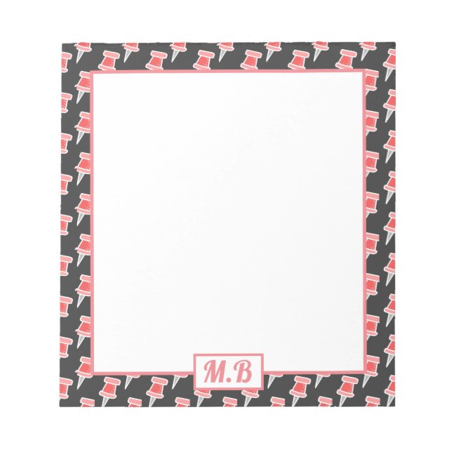 Elegant Red Drawing Pin Pattern Monogram Notepad (Front)