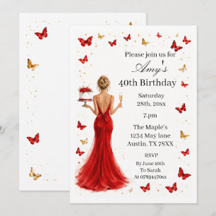  Elegant Red dress 40th Birthday  Invitation