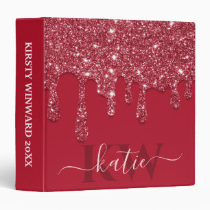 Elegant Red Dripping Glitter Monogram Binder
