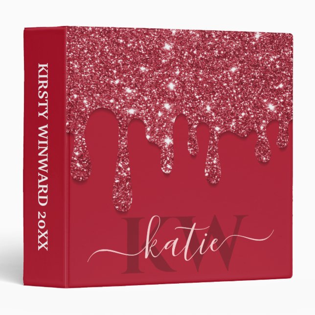 Elegant Red Dripping Glitter Monogram Binder (Front/Spine)
