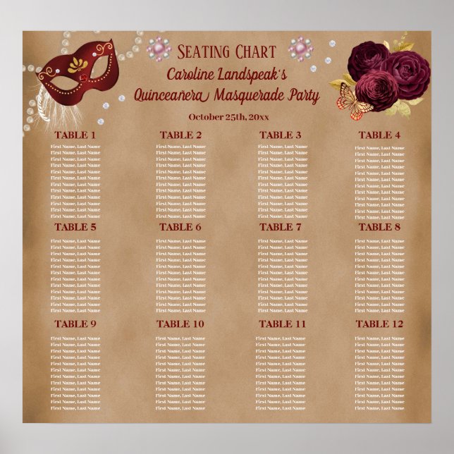 Elegant Red English Roses, Masquerade Quinceañera Poster (Front)