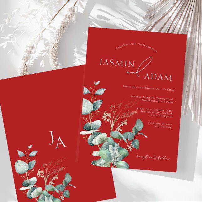 Elegant Red Eucalyptus Greenery Monogram Wedding Invitation (Crimson Red Eucalyptus Greenery Monogram Wedding Invitation)