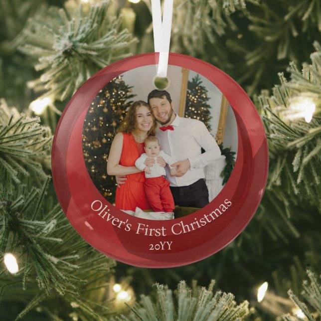 Elegant Red Family Photo Baby's First Christmas Glass Ornament (Insitu)