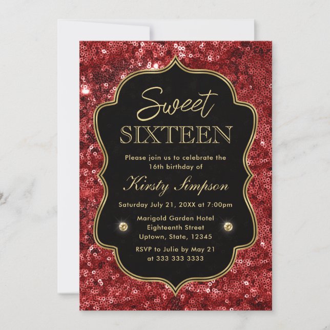 Elegant Red Faux Glitter & Gold Winter Sweet 16 Invitation (Front)