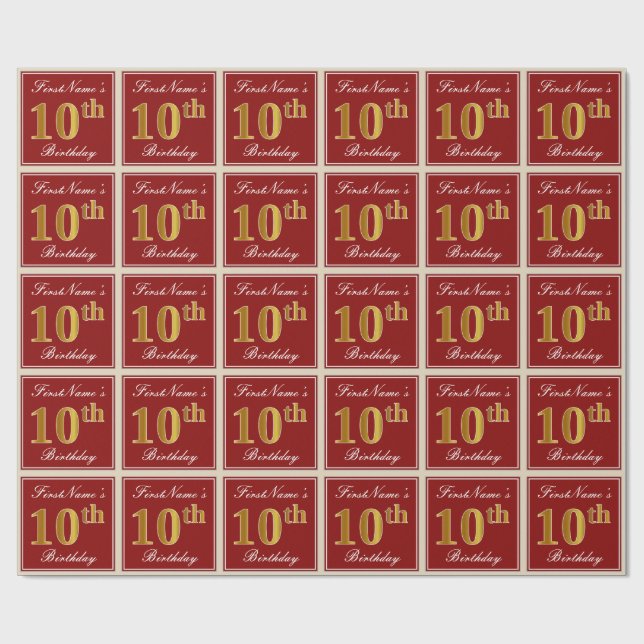 Elegant, Red, Faux Gold 10th Birthday; Custom Name Wrapping Paper (Flat)