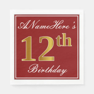 Elegant Red, Faux Gold 12th Birthday + Custom Name Napkin