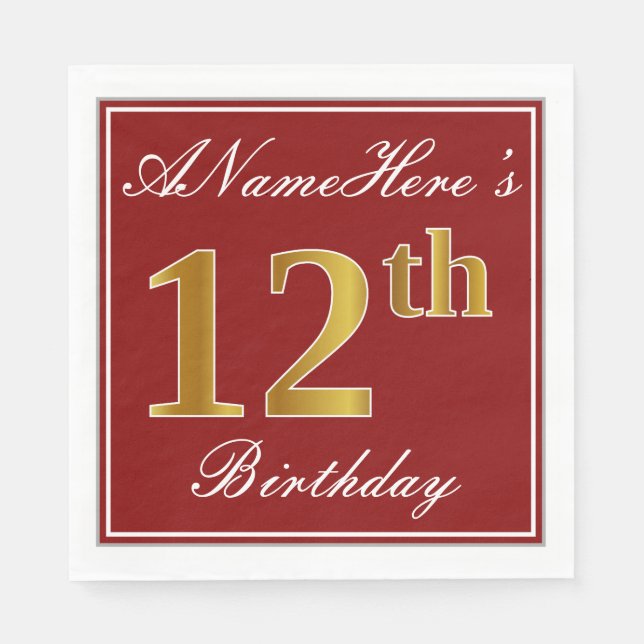 Elegant Red, Faux Gold 12th Birthday + Custom Name Napkin (Front)