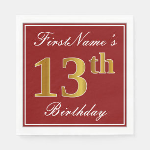 Elegant Red, Faux Gold 13th Birthday + Custom Name Napkin