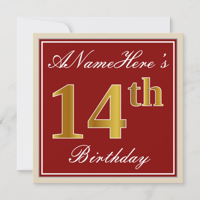 Elegant, Red, Faux Gold 14th Birthday; Custom Name Invitation (Front)